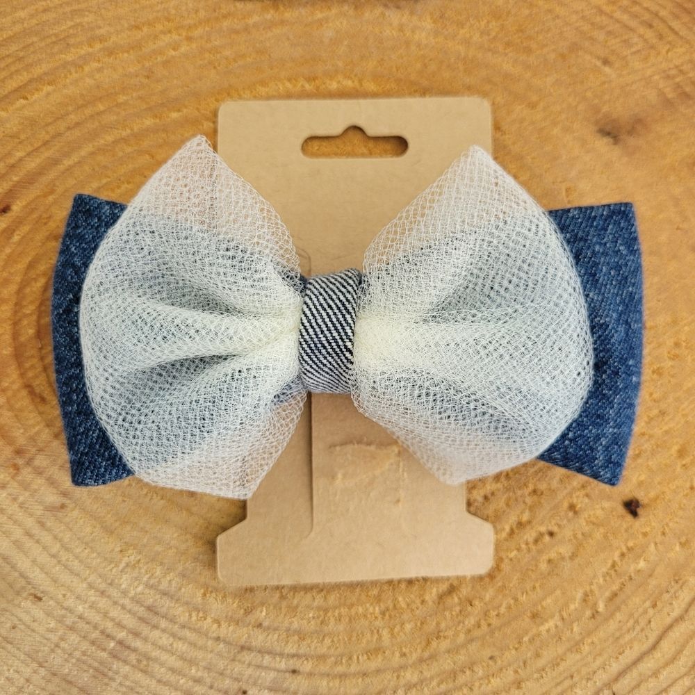 Handmade Upcycled Levis Denim & White Tulle Hair Bow Clip